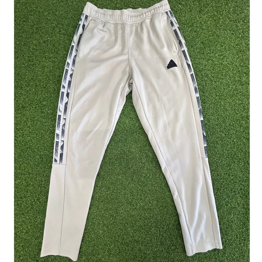 Adidas Mens Tiro Track Pants Beige Tan Graphic Stripe Zip Ankle Joggers Size M